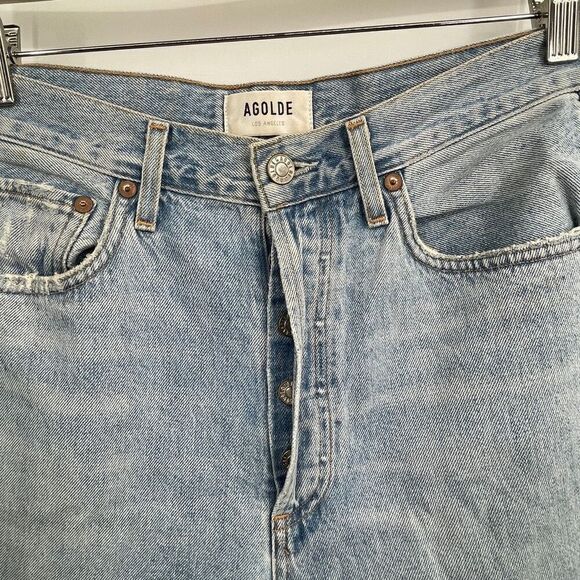 Agolde Blue Distressed Button Fly Cotton Riley High Rise Straight Jeans Size 28 - Picture 2 of 9